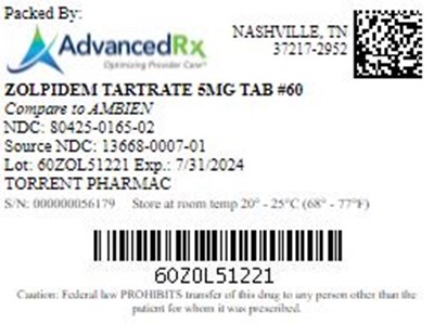 Zolpidem Tartrate 5mg Tab Qty 60 Ndc 80425 0165
